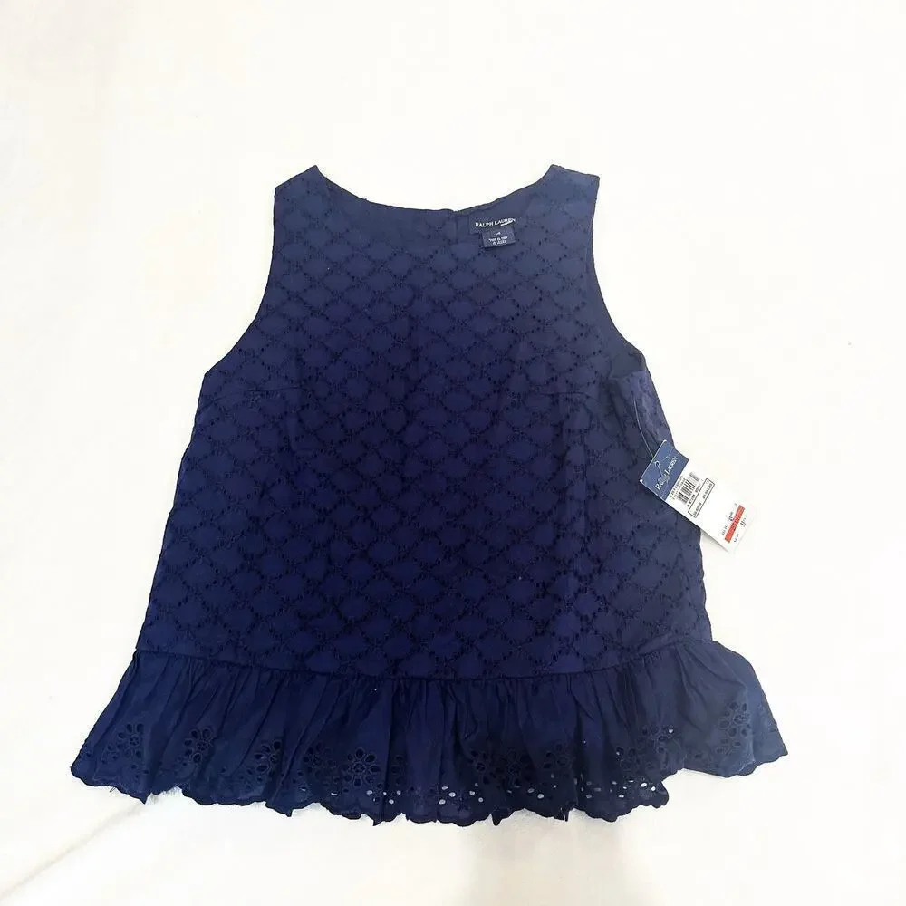 NEW Ralph Lauren Blue Eyelet Top sz 14 Sleeveless top Girls shirt